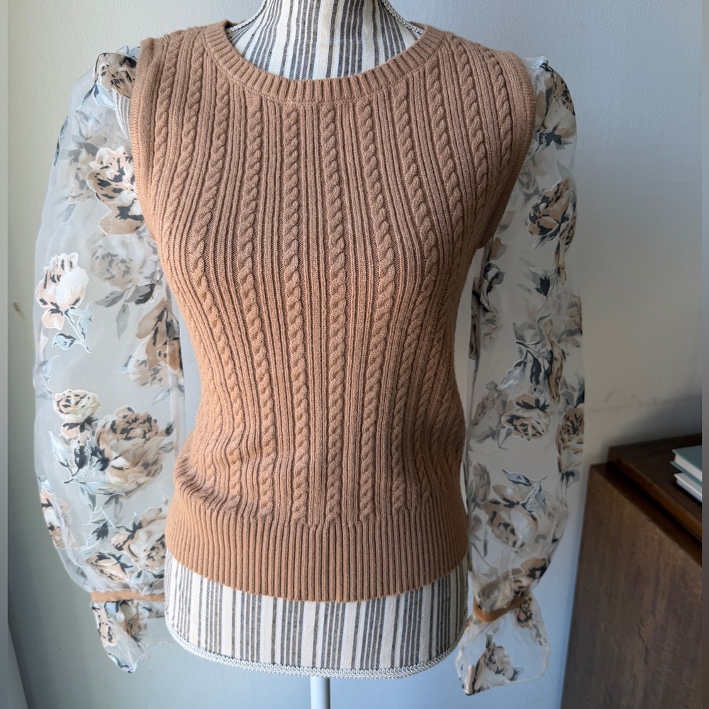 Anthropologie Maeve Cable Knit Floral Sheer Sleeve Sweater Tan S